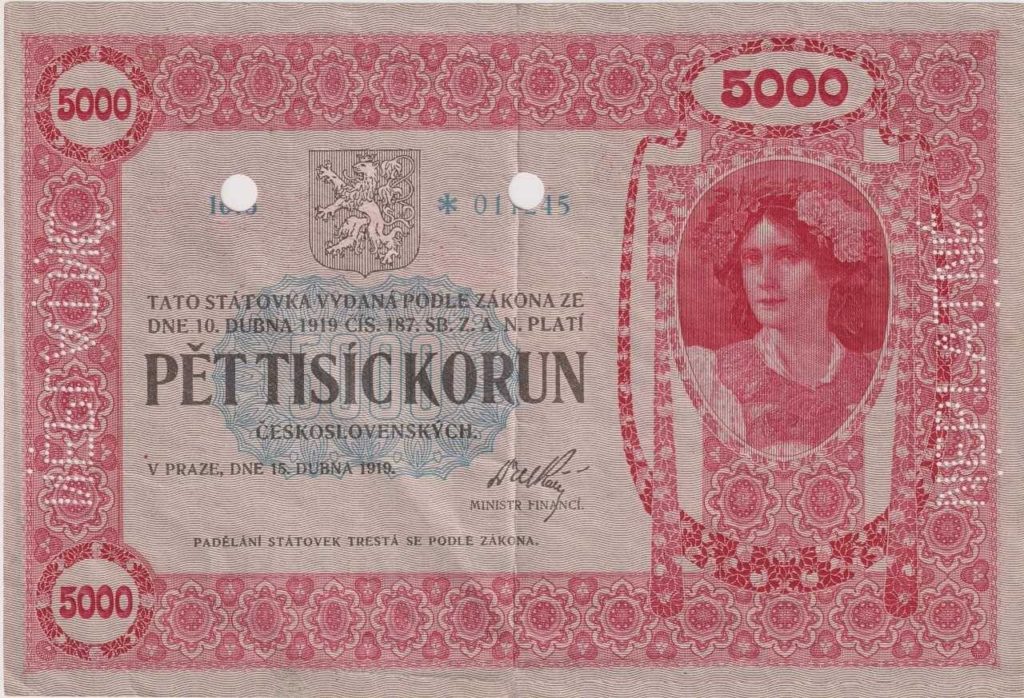 Nejstarší česká bankovka - pětitisícovka z roku 1919
